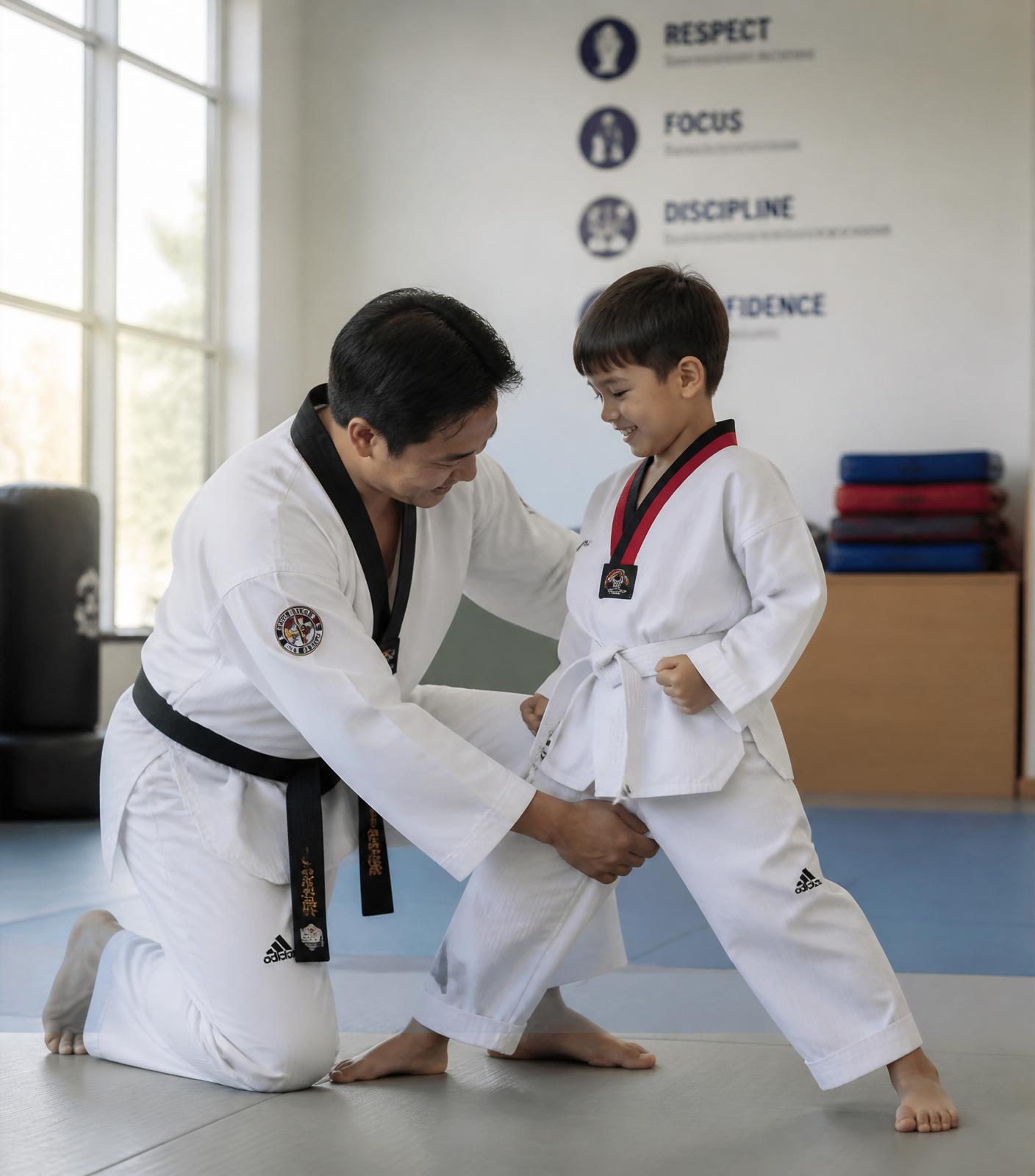 Coach kneeling to guide a young student's stance in a warmly lit dojo