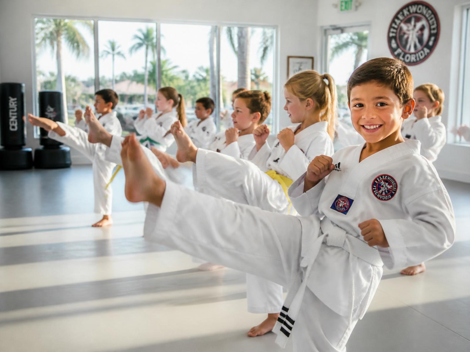 Kids in white uniforms performing a synchronized front kick in a bright martial arts school