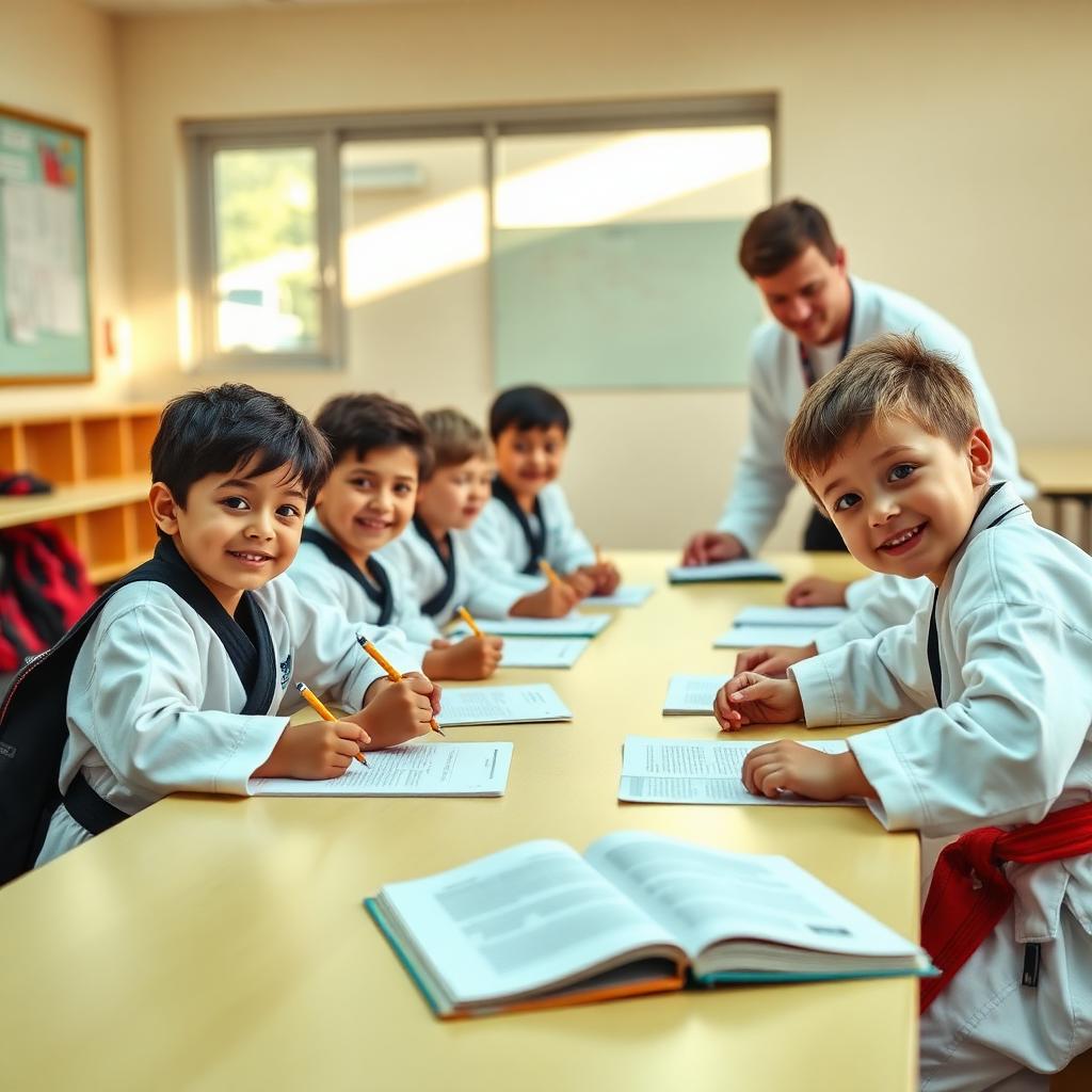 Kids in Taekwondo uniforms doing homework with an instructor helping