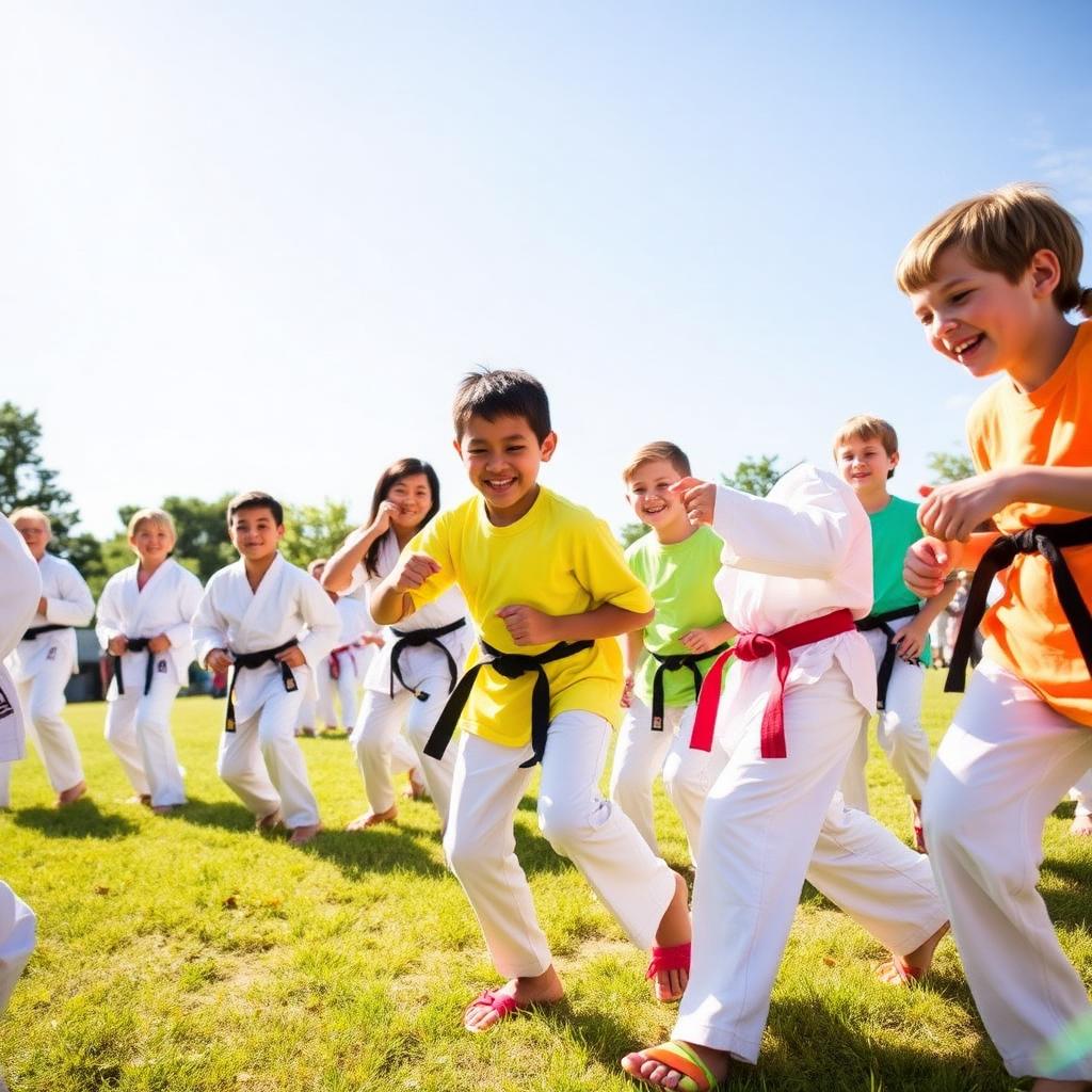 Kids playing and training outdoors at a martial arts summer camp