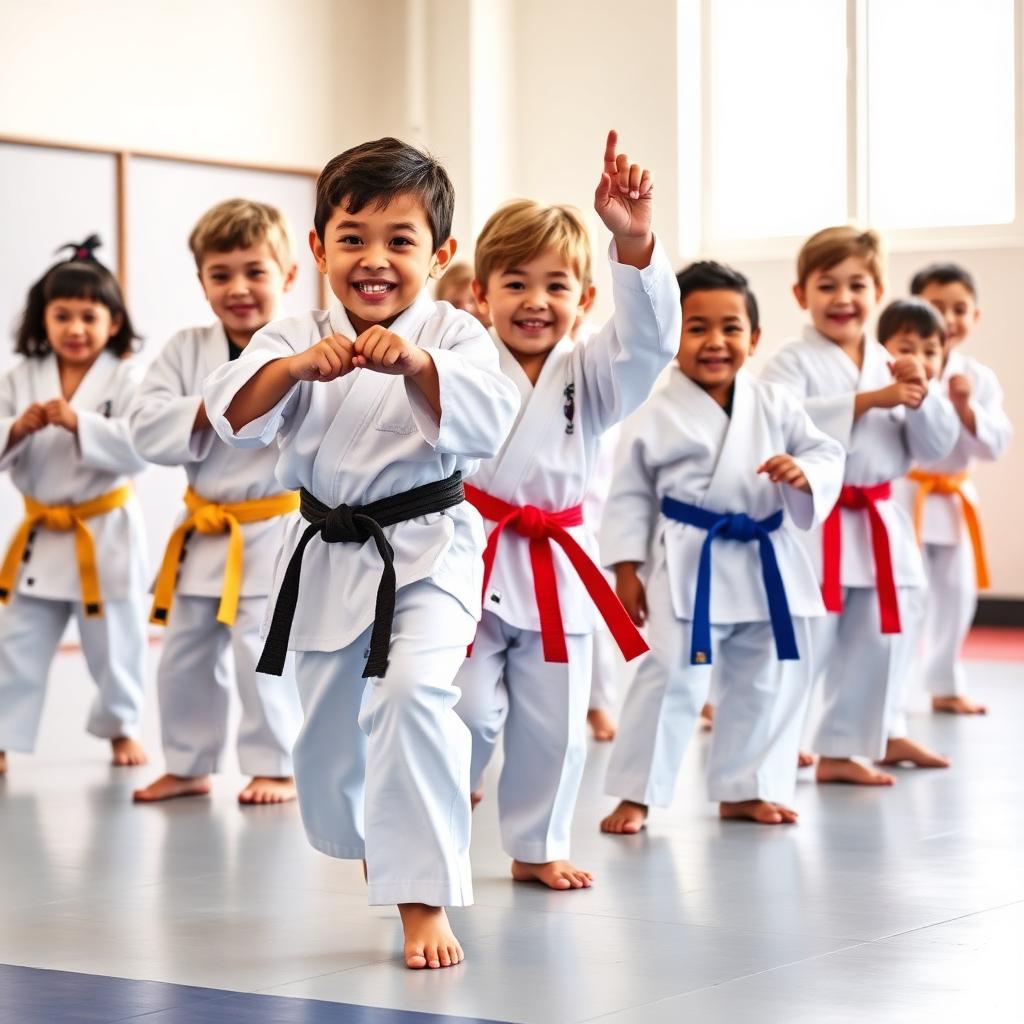 Young students in Taekwondo uniforms practicing stances together