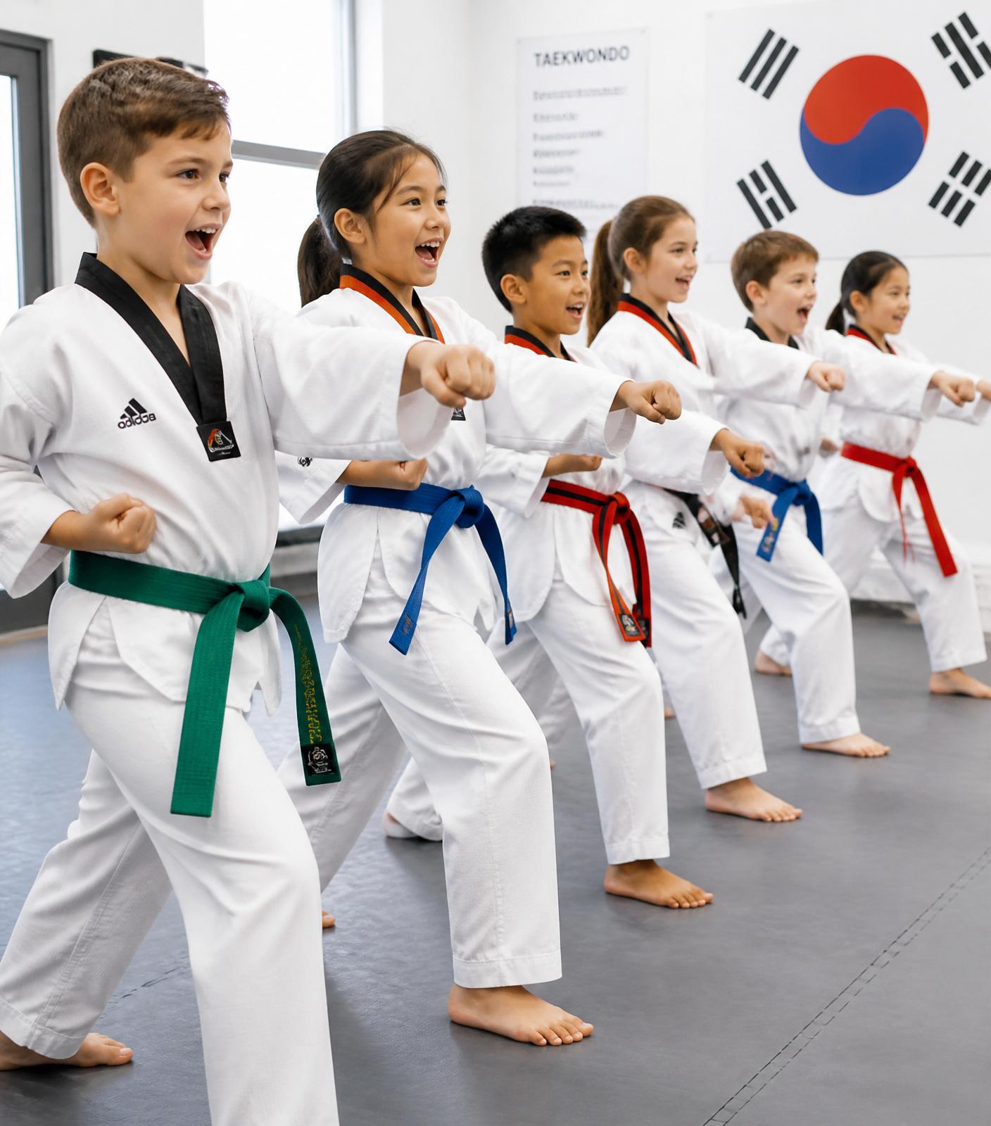 Two young students in white gis with earned belts